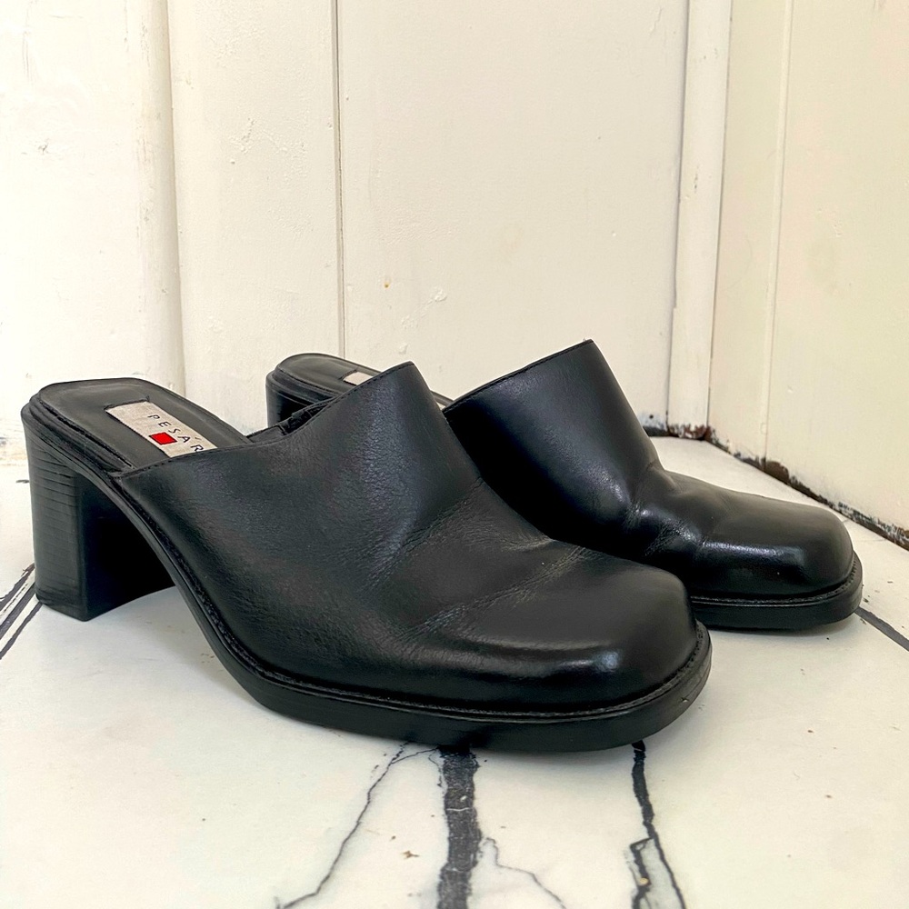 Pesaro black leather heeled clog mules — 8M